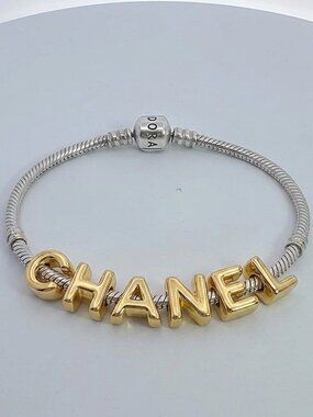 LUXURY NAME Custom 8 Letters Gold Pull Through Charms + Pandora Bracelet Silver